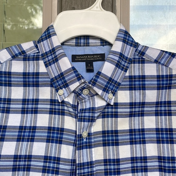 Banana Republic dress shirt SMALL Oxford tailored slim fit blue plaid - Picture 2 of 7